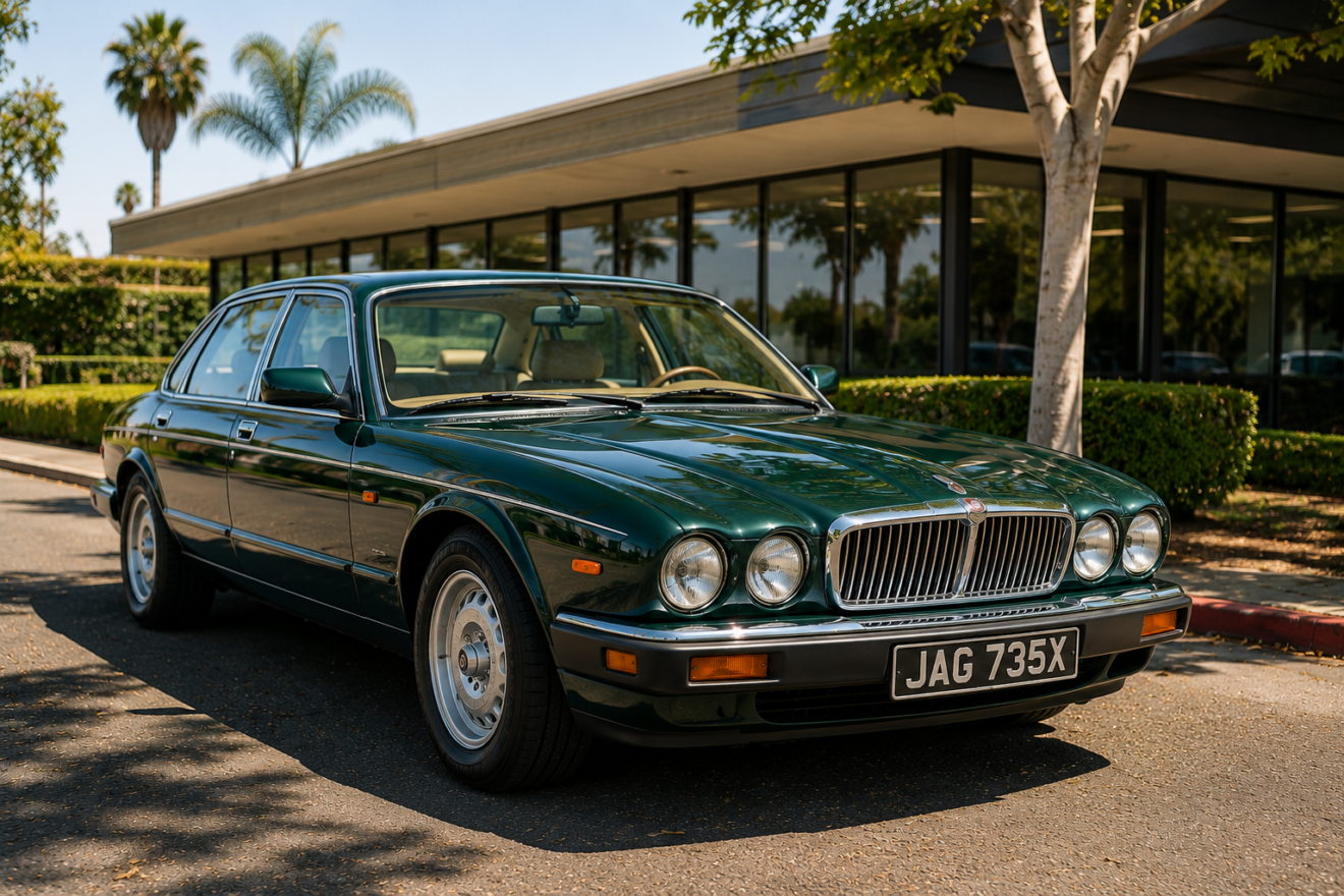 British racing-green Jaguar sedan outside a single-storey Contact Center