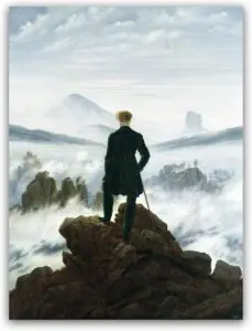 A solitary figure stands on a rocky peak, looking out over a mist-covered landscape, symbolizing perspective and strategic clarity.