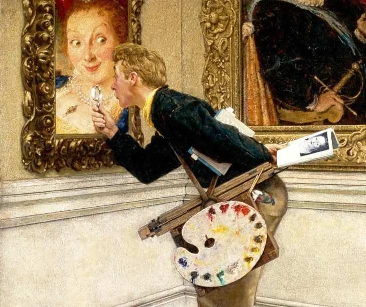A painter examines a museum portrait closely with a magnifying glass, carrying an easel and paint palette, in Norman Rockwell’s humorous 1955 illustration “The Art Critic.”