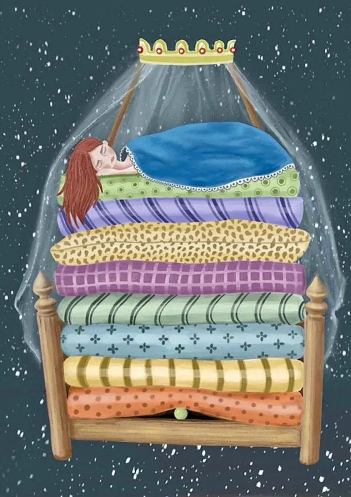 A whimsical illustration of the Princess from “The Princess and the Pea” sleeping on a tall stack of colorful mattresses, with a small pea visible underneath the bottom mattress.