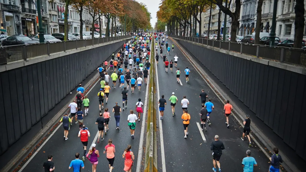 A large group of runners participating in a road race on divided city streets.