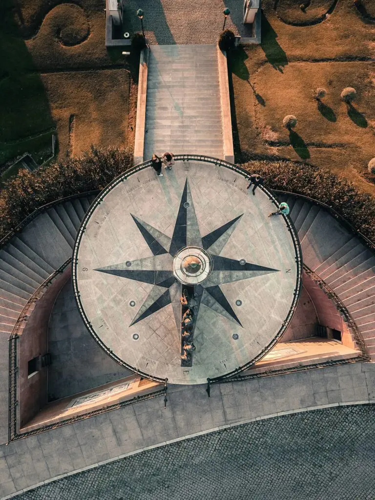 Aerial view of a large stone compass rose in a circular plaza, symbolizing direction and clear decision-making.